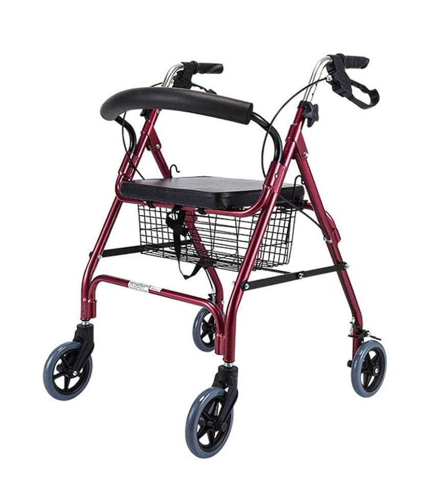Andador con ruedas, asiento y canastilla